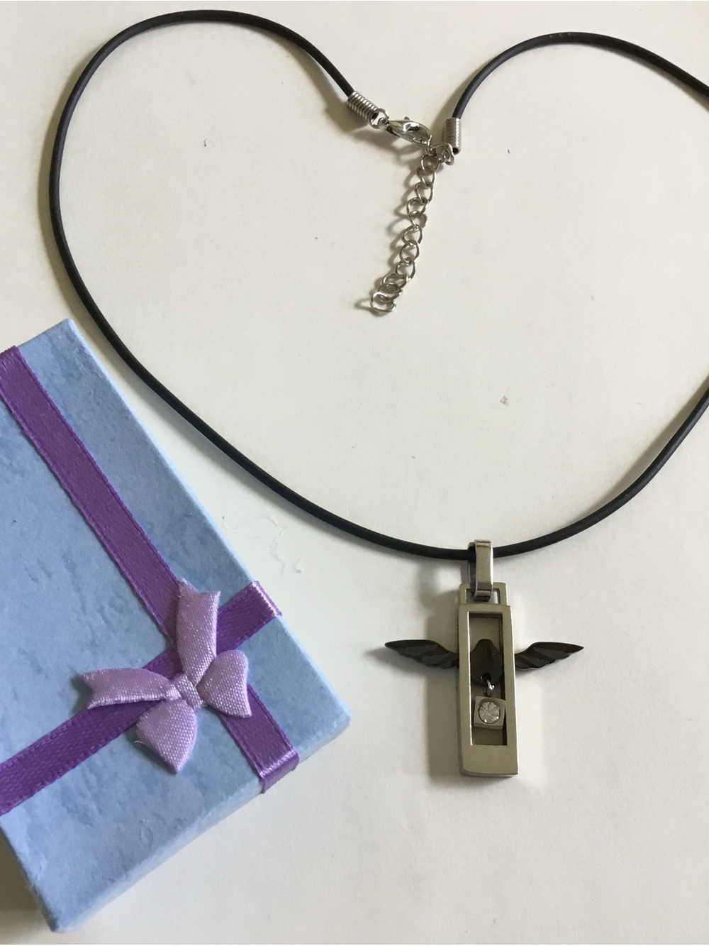 Black Cord Necklace with Silver Winged Pendant - Contemporary Women’s Necklace